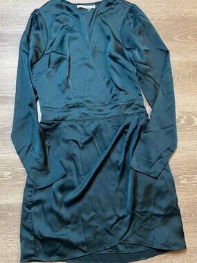 Abercrombie & Fitch Satin Babydoll Wrap Mini Dress Forest Green Long Sleeve Size